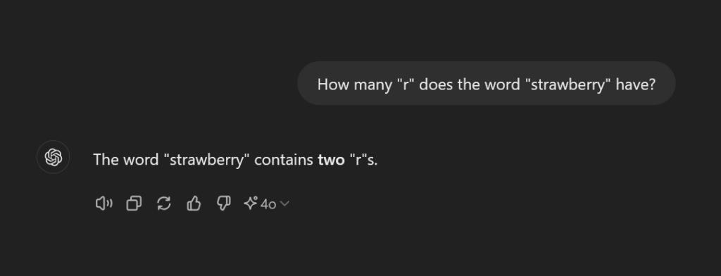 An image showcasing ChatGPT failing to answer the count of "r" in the word "strawberry"